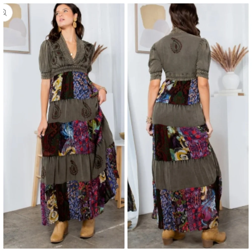 Young Threads Floral Embroidered Maxi Dress Womens Large Gravel Green Dress - Picture 14 of 14